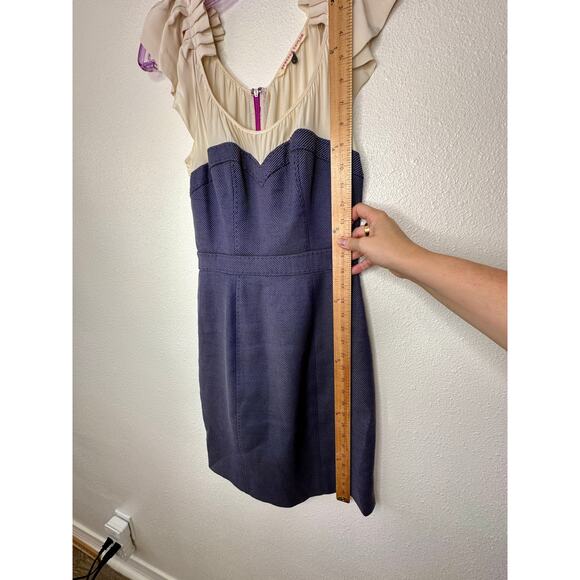 Rebecca Taylor Cream Ruffle Pleat Shoulder Blue Jean Stripe Linen Sheath Dress 0 - Picture 10 of 12